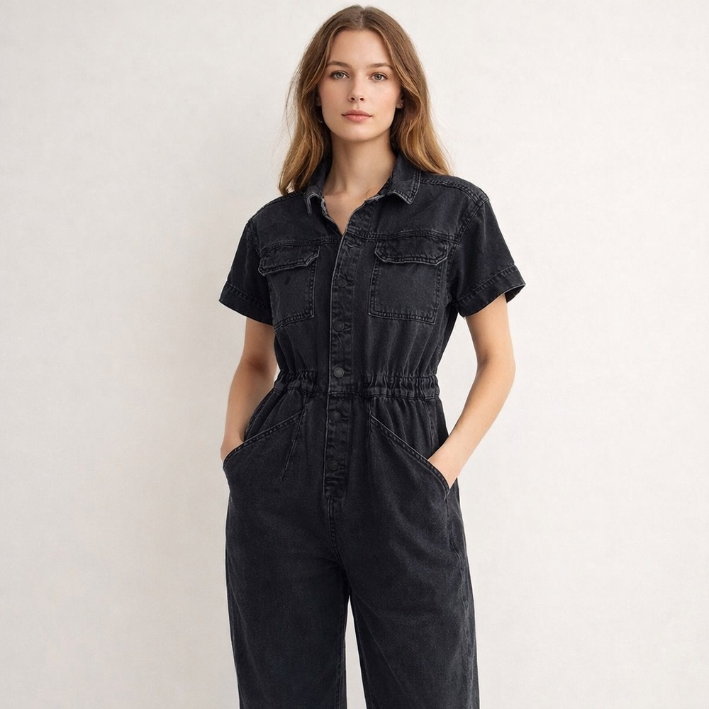 Free People Black Short-Sleeve Denim Jumpsuit